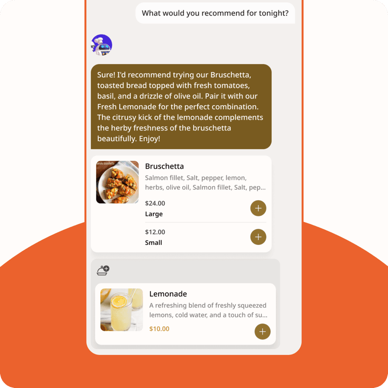 AI waiter chat conversation helping a guest choose a dish