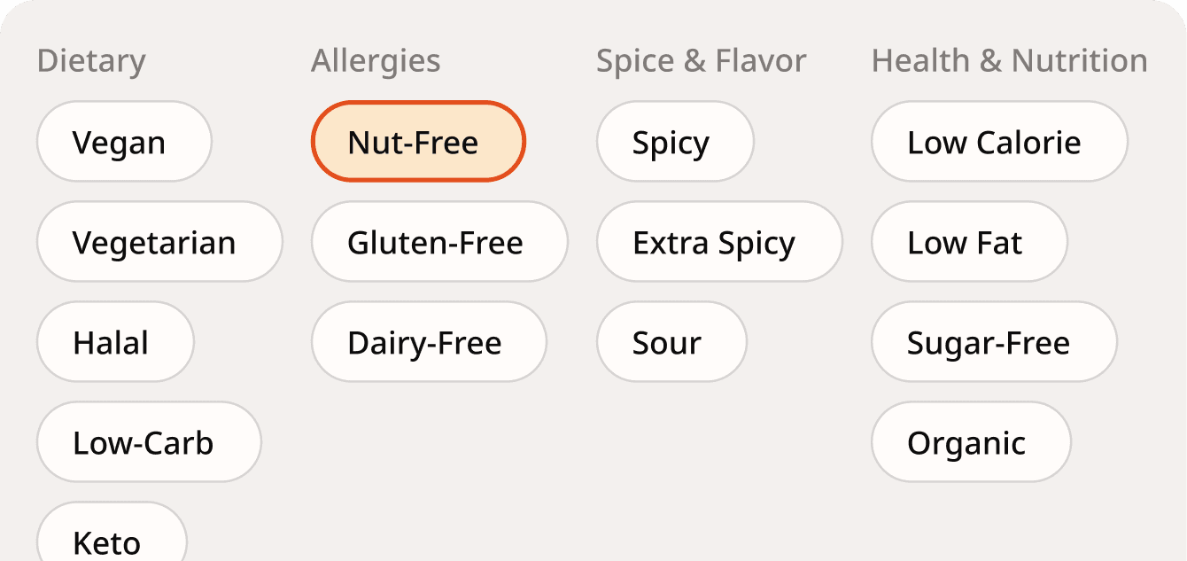 Food item tags such as vegan, spicy, and gluten-free on a menu