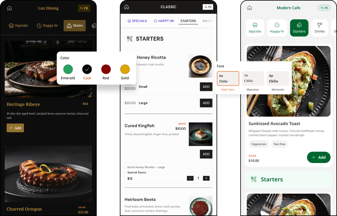 Various customizable restaurant menu themes